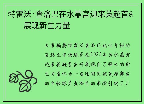 特雷沃·查洛巴在水晶宫迎来英超首发展现新生力量